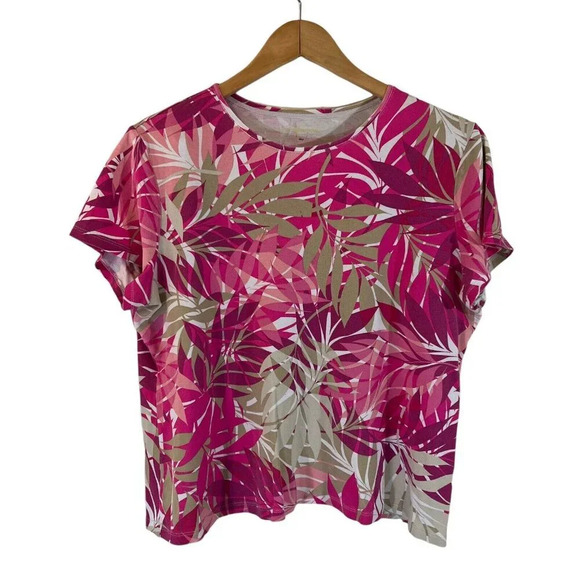 Croft & Barrow Tropical Leaf Pattern Top XL Pink Tones Tan White 100% Cotton Tee - Picture 1 of 6
